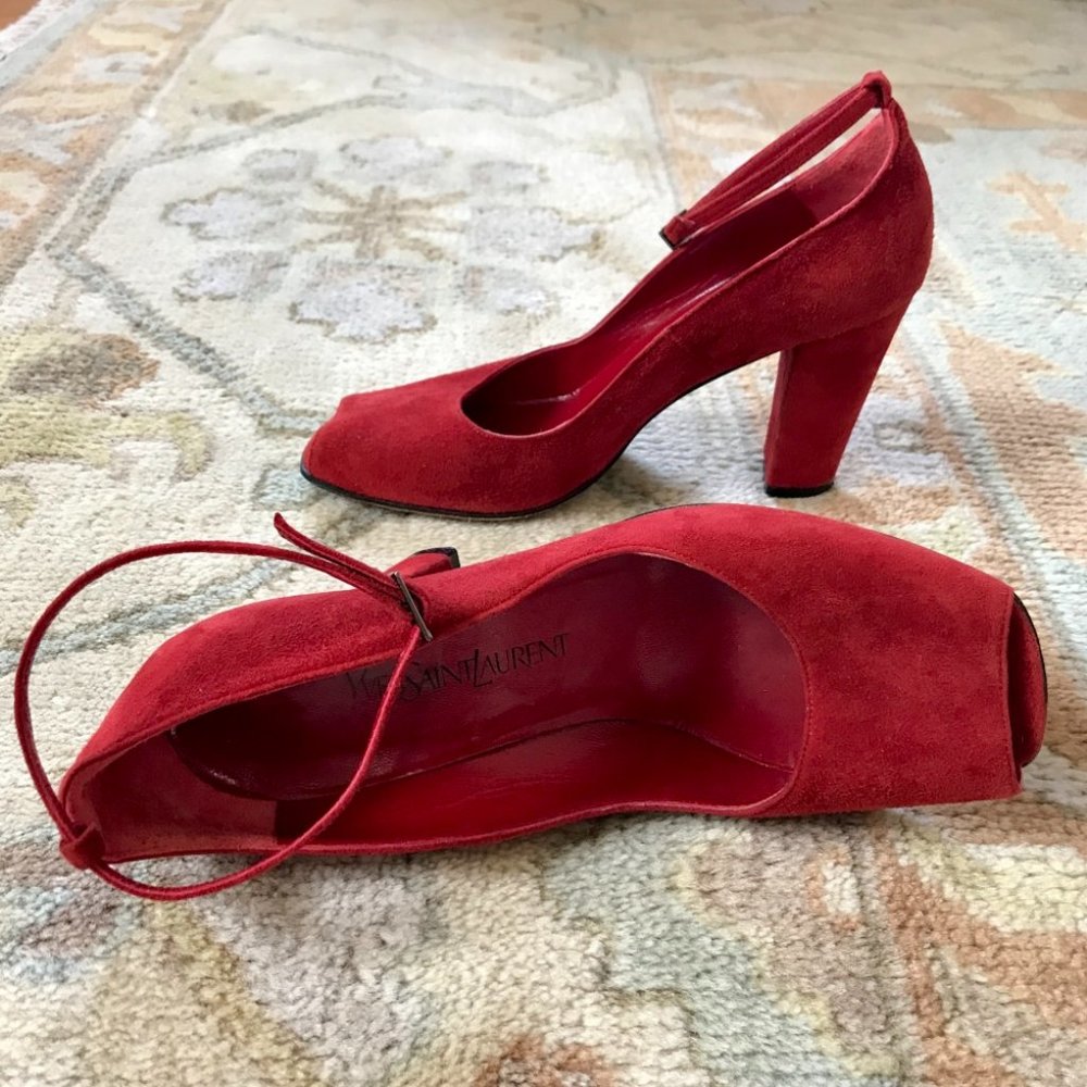 Sexy Strappy Red Suede YSL Pumps, 7M